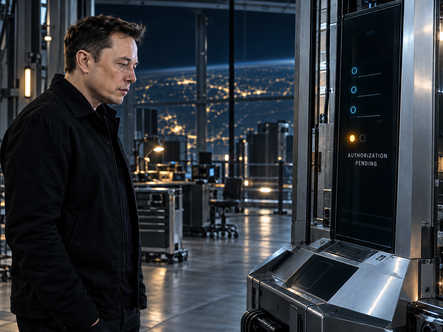 X stands with his hands withdrawn from a return-system console displaying Authorization Pending.