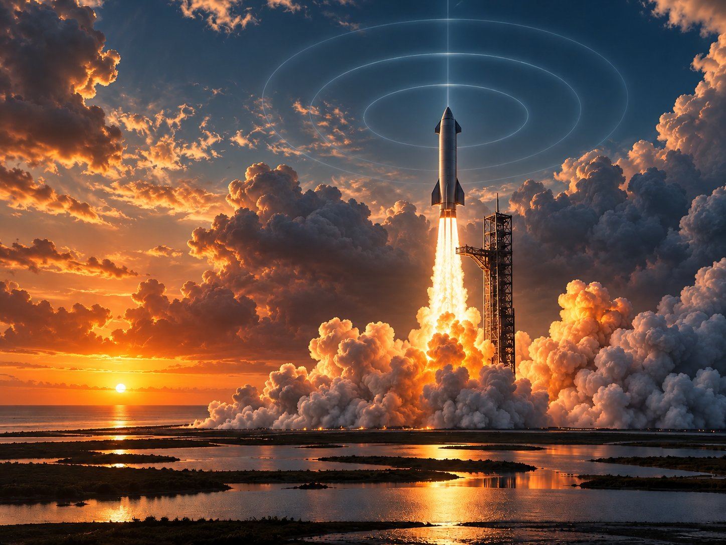Starship rising through an amber sky beneath concentric transmission rings.