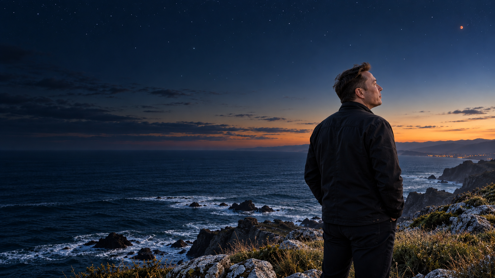 X remains on Earth's coast, looking toward the small, distant red light of Mars above the ocean.