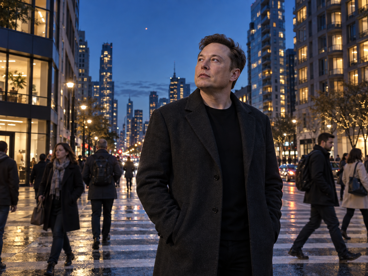 X stands among pedestrians on an Earth city street, looking toward a small red light in the evening sky.